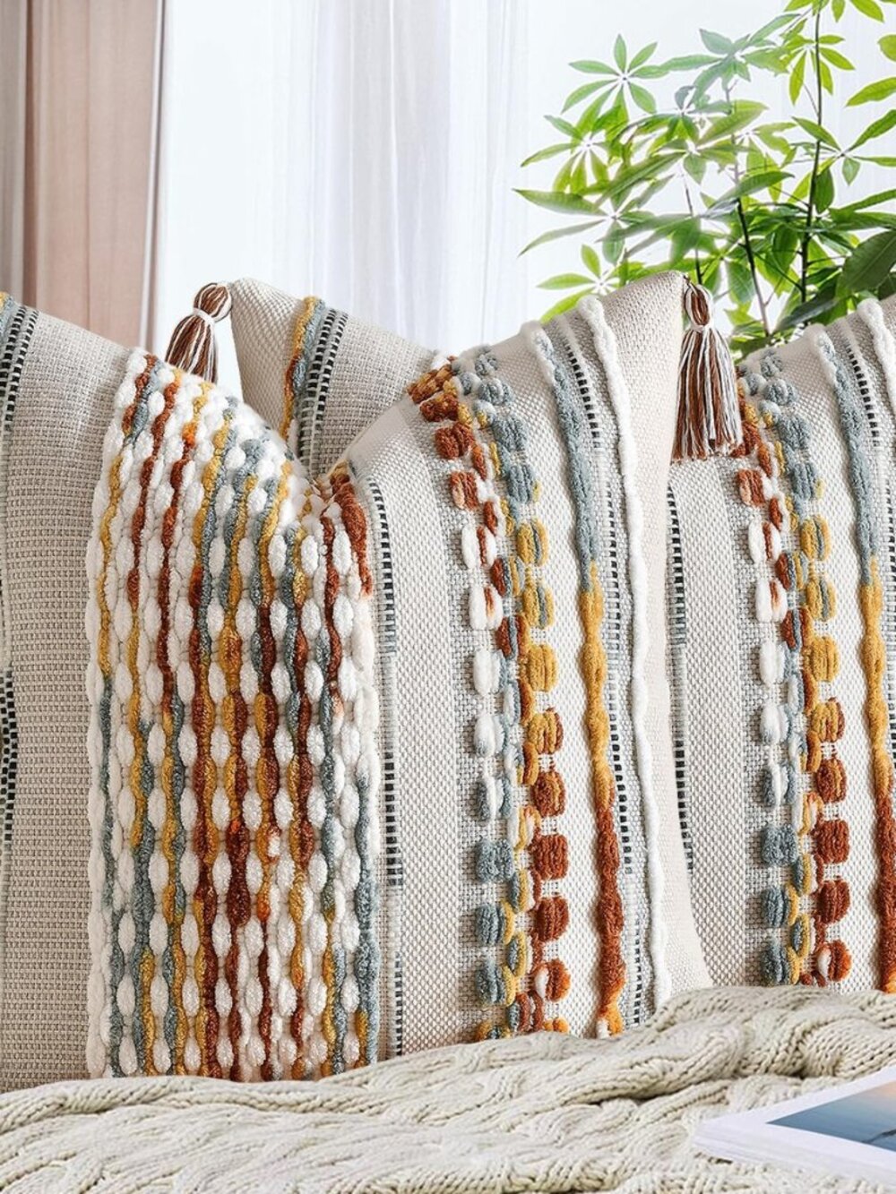 Set of 2 Chenille Striped Textured Boho Throw Pillow Covers Aesthetic with